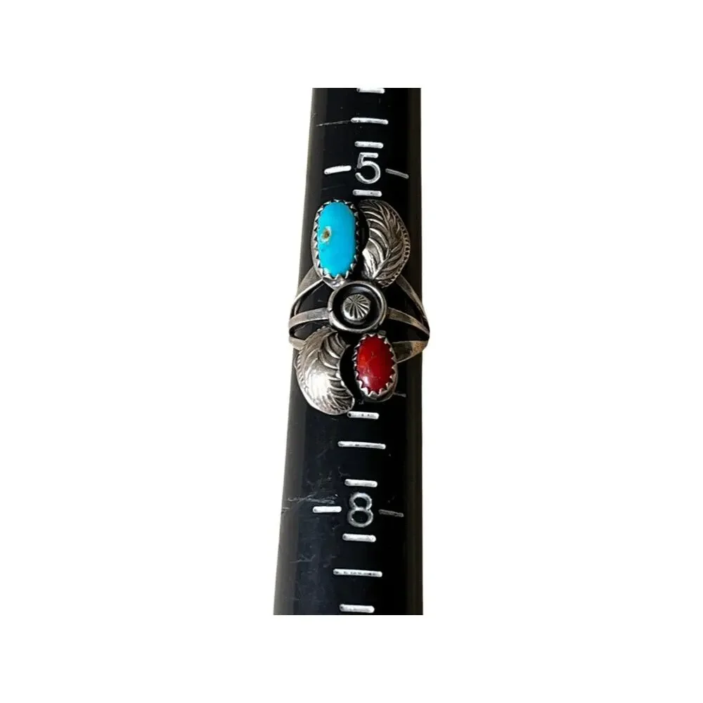 Vintage sterling silver turquoise and coral Native American ring size 6.5